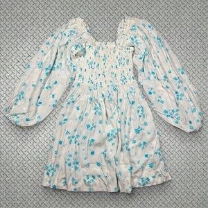 GANNI Shirred Crepe Floral White Mini Dress